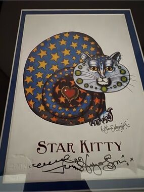 Star Kitty Art Print Blue & Gold Signed By Local New Orleans Artist W/Seal 2008